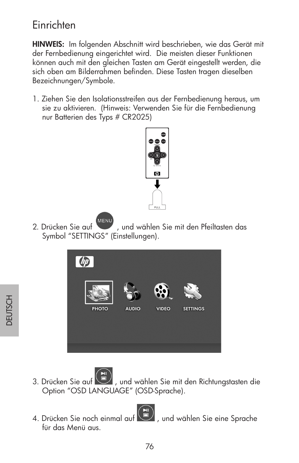 Einrichten | HP df750 Rahmen für Digitalbilder User Manual | Page 78 / 116