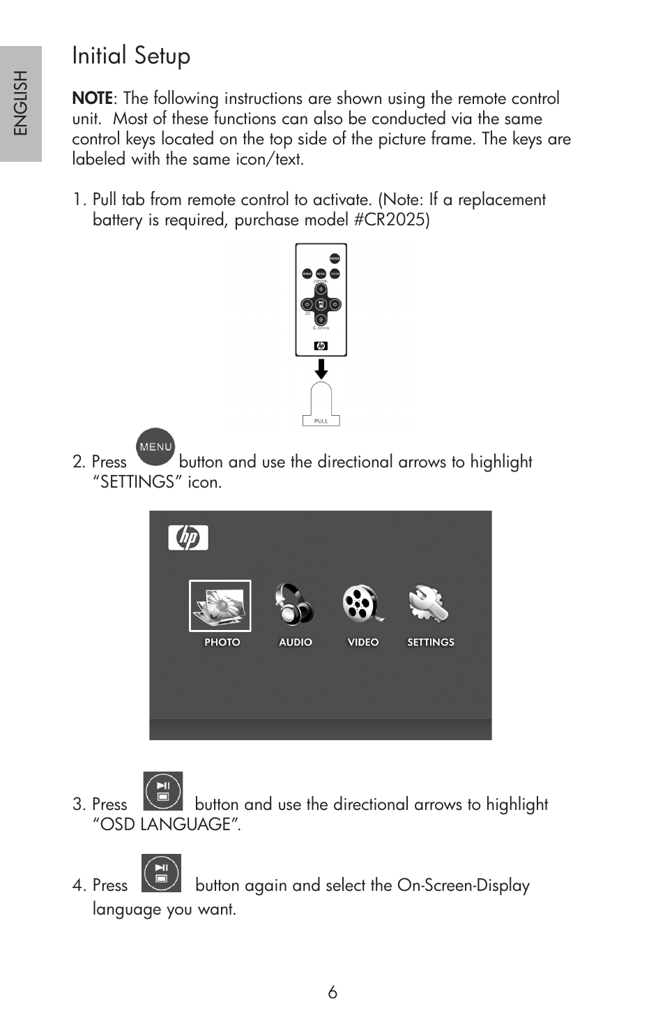 Initial setup | HP df750 Rahmen für Digitalbilder User Manual | Page 8 / 116
