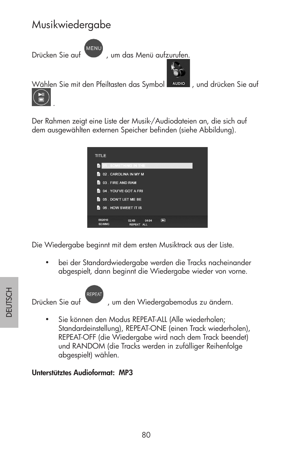 Musikwiedergabe | HP df750 Rahmen für Digitalbilder User Manual | Page 82 / 116
