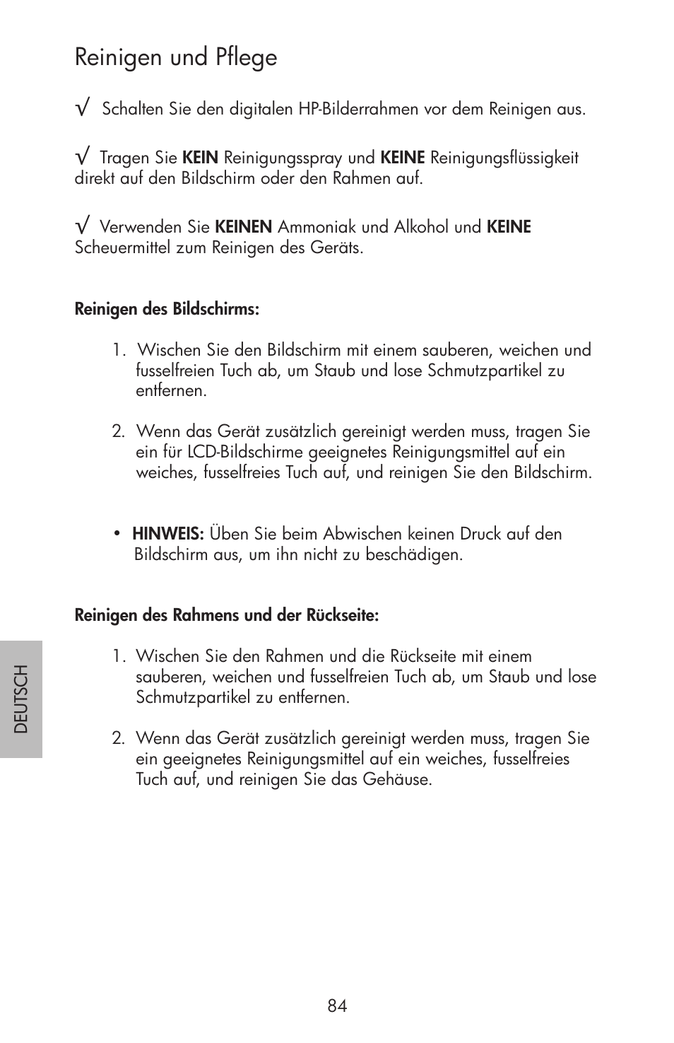 Reinigen und pflege | HP df750 Rahmen für Digitalbilder User Manual | Page 86 / 116