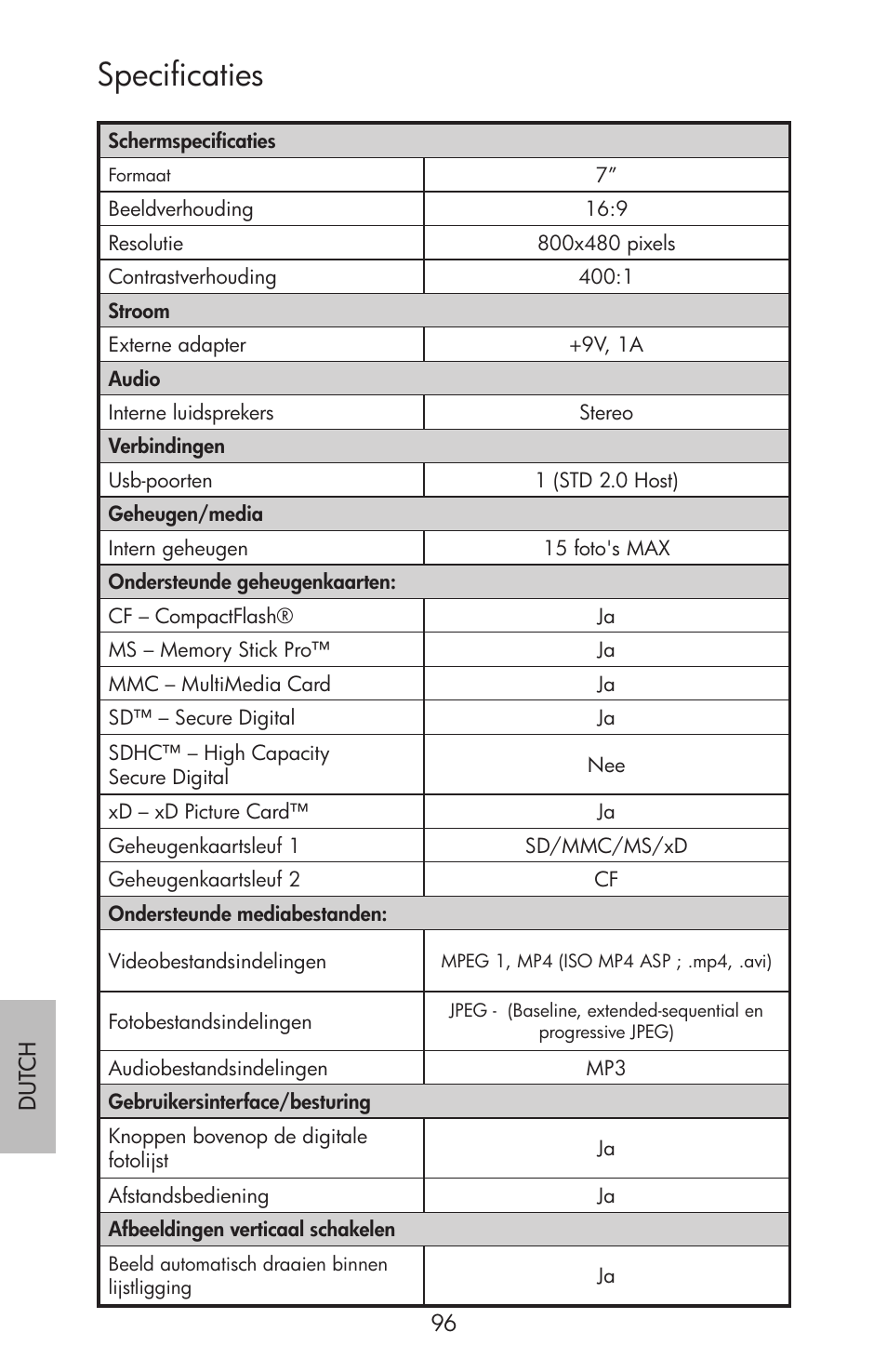 Specificaties | HP df750 Rahmen für Digitalbilder User Manual | Page 98 / 116