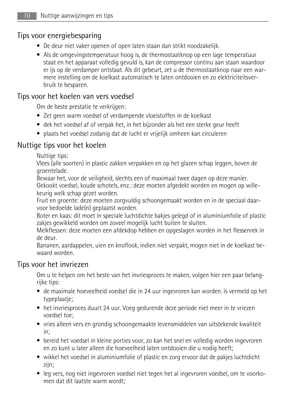 Tips voor energiebesparing, Tips voor het koelen van vers voedsel, Nuttige tips voor het koelen | Tips voor het invriezen | AEG SKS58840E0 User Manual | Page 10 / 72