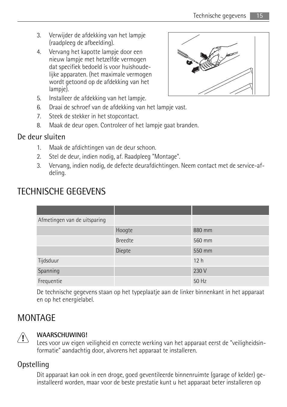 Technische gegevens, Montage, De deur sluiten | Opstelling | AEG SKS58840E0 User Manual | Page 15 / 72