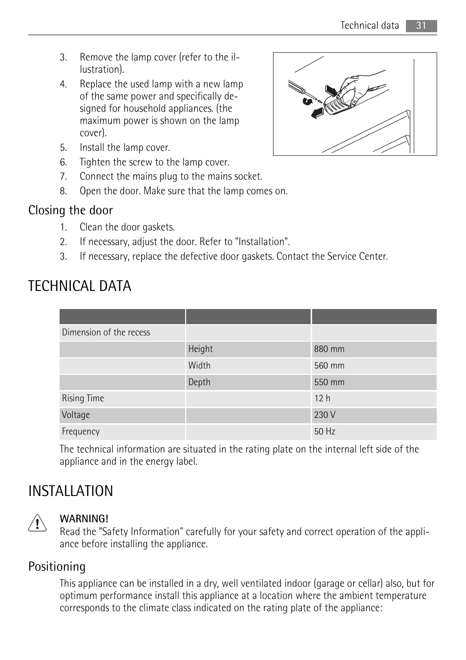 Technical data, Installation, Closing the door | Positioning | AEG SKS58840E0 User Manual | Page 31 / 72