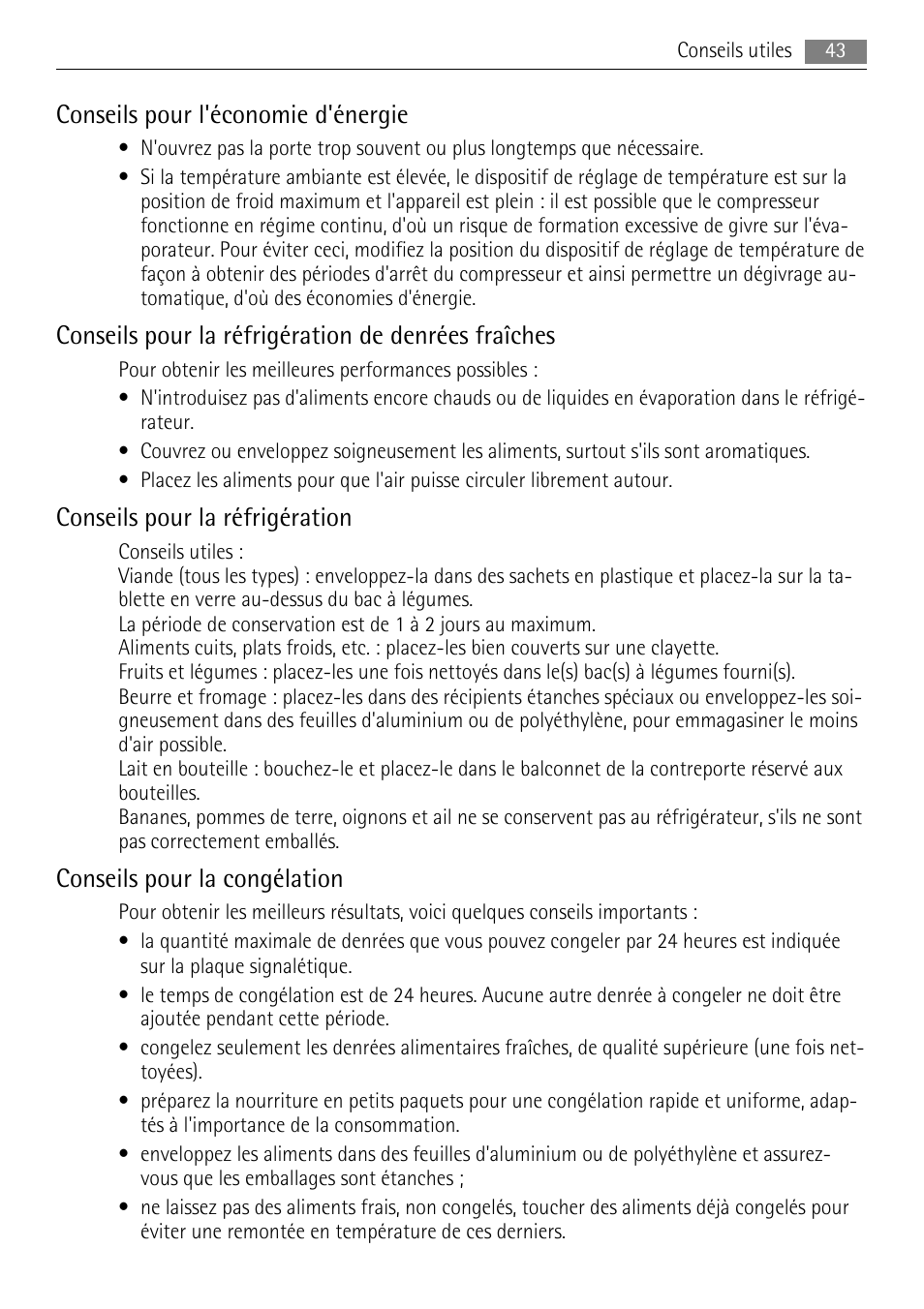 Conseils pour l'économie d'énergie, Conseils pour la réfrigération de denrées fraîches, Conseils pour la réfrigération | Conseils pour la congélation | AEG SKS58840E0 User Manual | Page 43 / 72