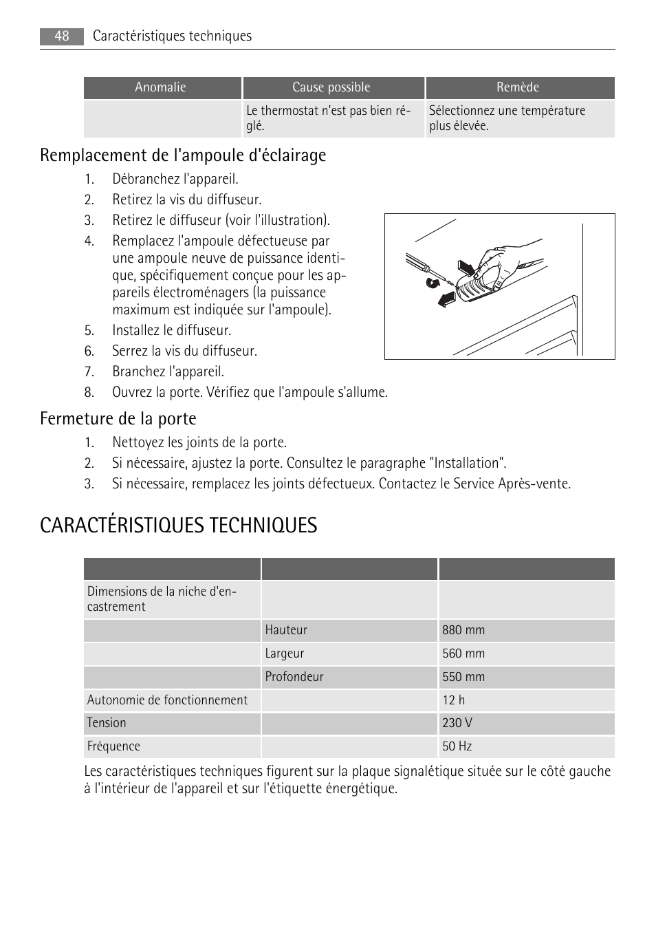 Caractéristiques techniques, Remplacement de l'ampoule d'éclairage, Fermeture de la porte | AEG SKS58840E0 User Manual | Page 48 / 72