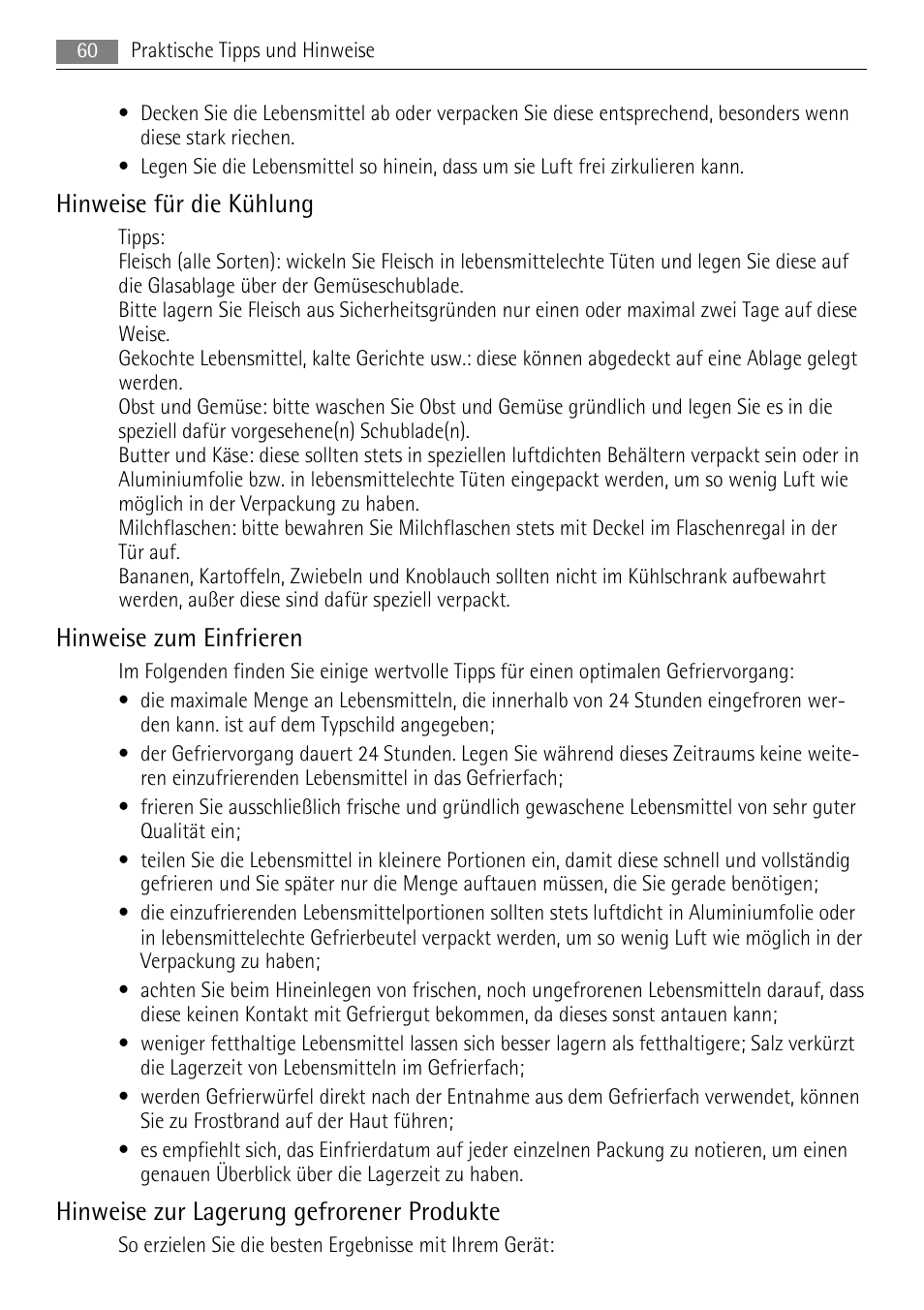 Hinweise für die kühlung, Hinweise zum einfrieren, Hinweise zur lagerung gefrorener produkte | AEG SKS58840E0 User Manual | Page 60 / 72