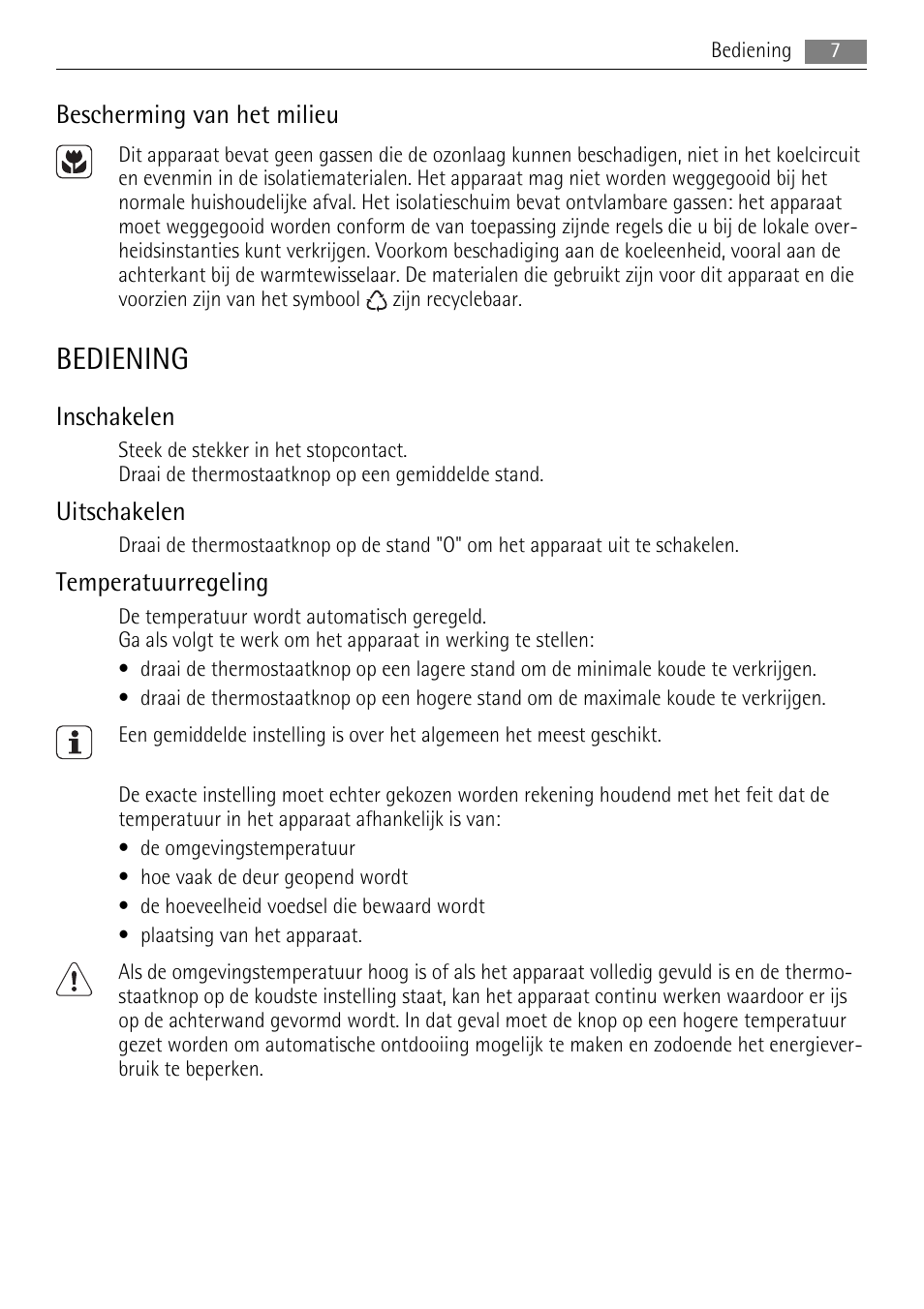 Bediening, Bescherming van het milieu, Inschakelen | Uitschakelen, Temperatuurregeling | AEG SKS58840E0 User Manual | Page 7 / 72