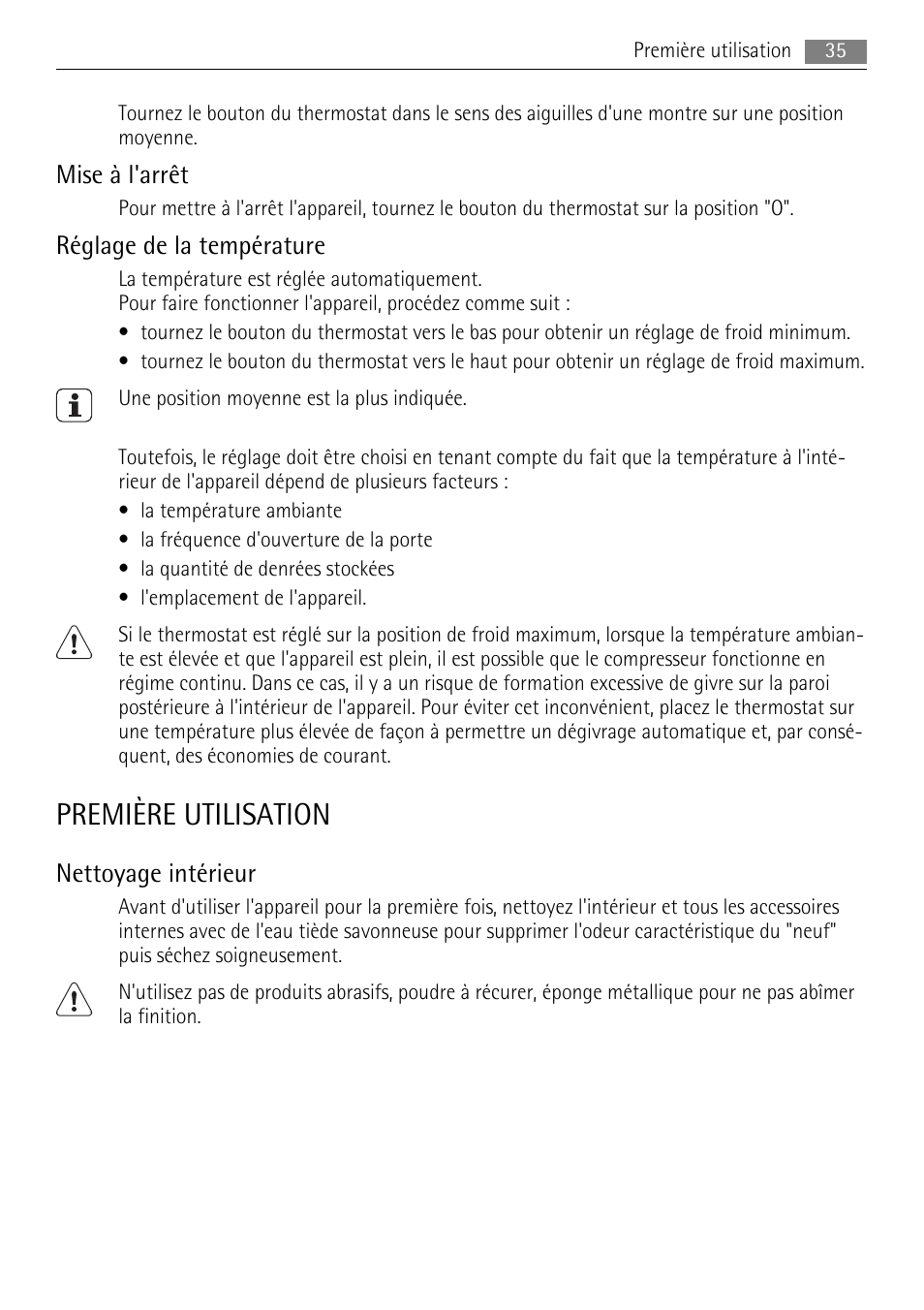 Première utilisation, Mise à l'arrêt, Réglage de la température | Nettoyage intérieur | AEG SKS58800X0 User Manual | Page 35 / 60