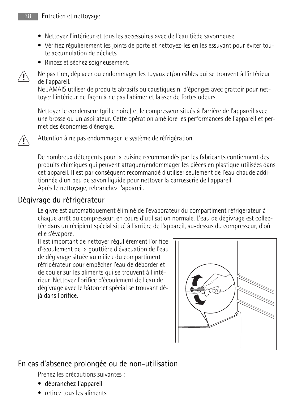 Dégivrage du réfrigérateur, En cas d'absence prolongée ou de non-utilisation | AEG SKS58800X0 User Manual | Page 38 / 60