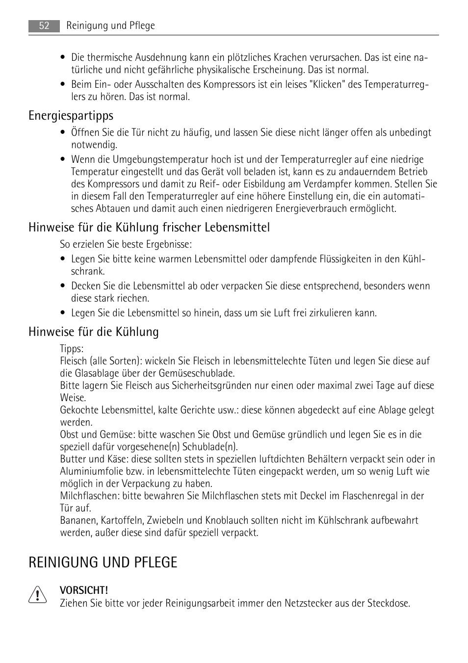 Reinigung und pflege, Energiespartipps, Hinweise für die kühlung frischer lebensmittel | Hinweise für die kühlung | AEG SKS58800X0 User Manual | Page 52 / 60