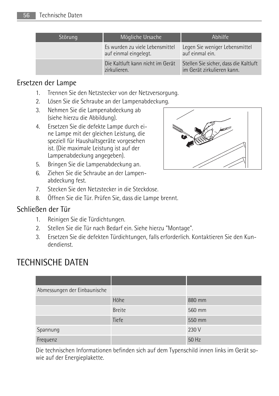 Technische daten, Ersetzen der lampe, Schließen der tür | AEG SKS58800X0 User Manual | Page 56 / 60
