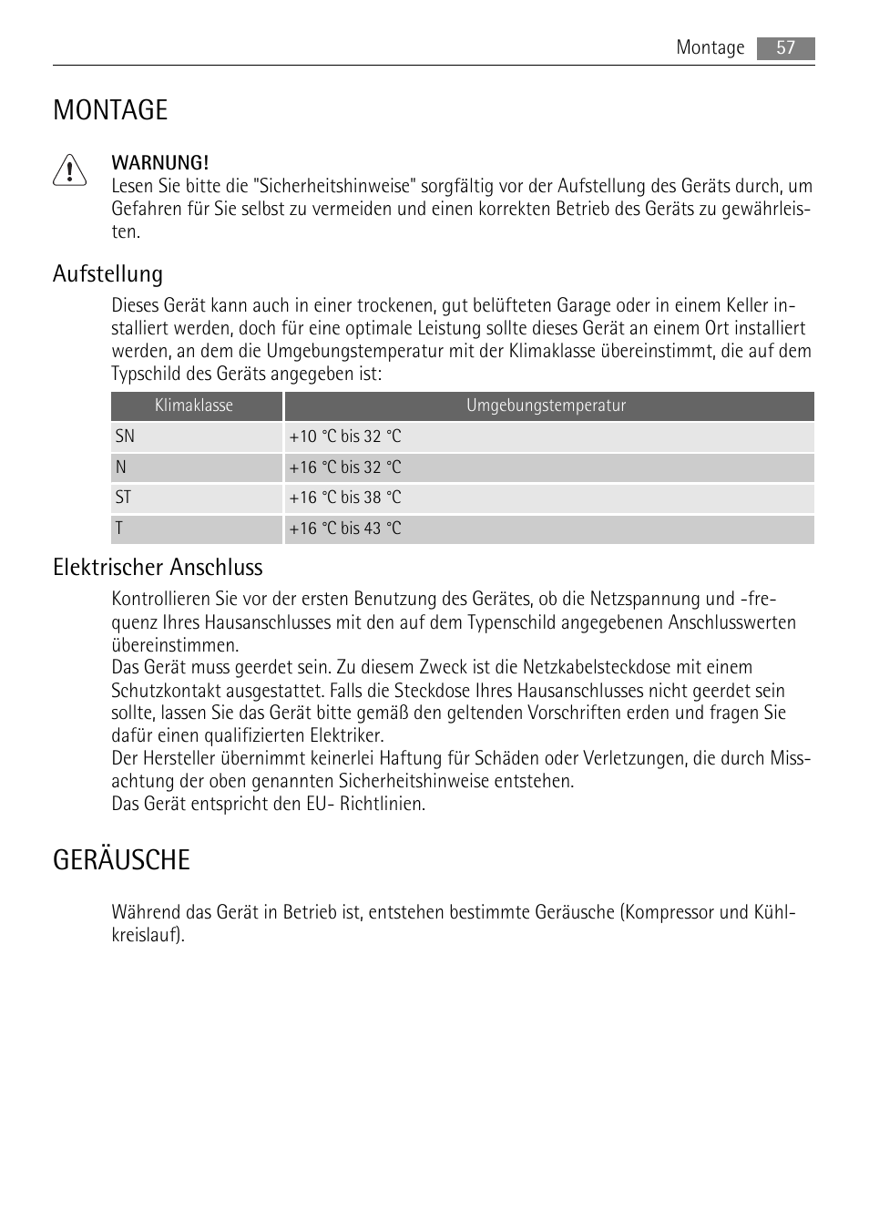 Montage, Geräusche, Aufstellung | Elektrischer anschluss | AEG SKS58800X0 User Manual | Page 57 / 60