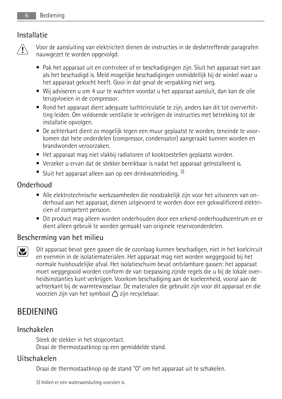 Bediening, Installatie, Onderhoud | Bescherming van het milieu, Inschakelen, Uitschakelen | AEG SKS58800X0 User Manual | Page 6 / 60