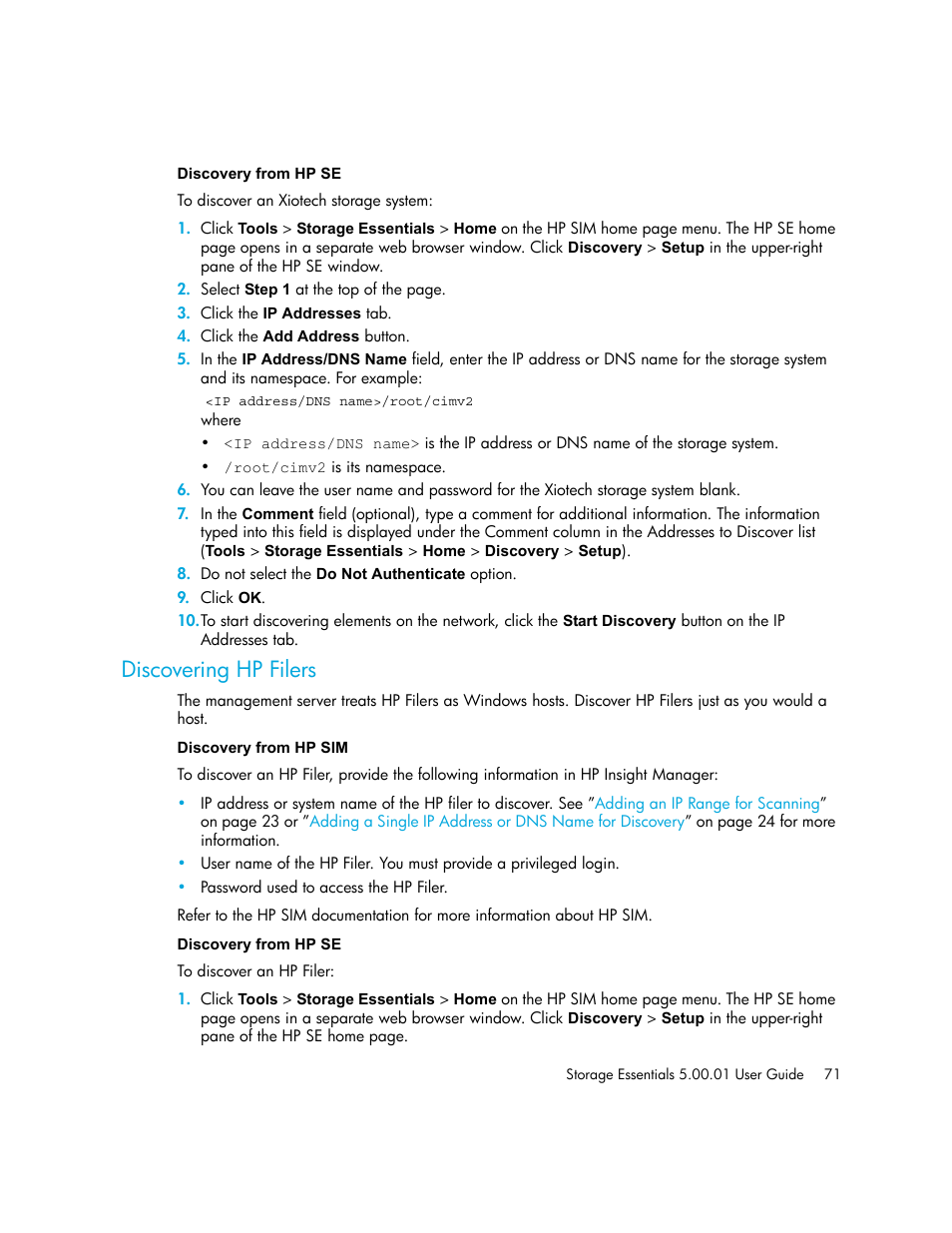 Discovery from hp se, Discovering hp filers, Discovery from hp sim discovery from hp se | HP Storage Essentials NAS Manager Software User Manual | Page 101 / 702