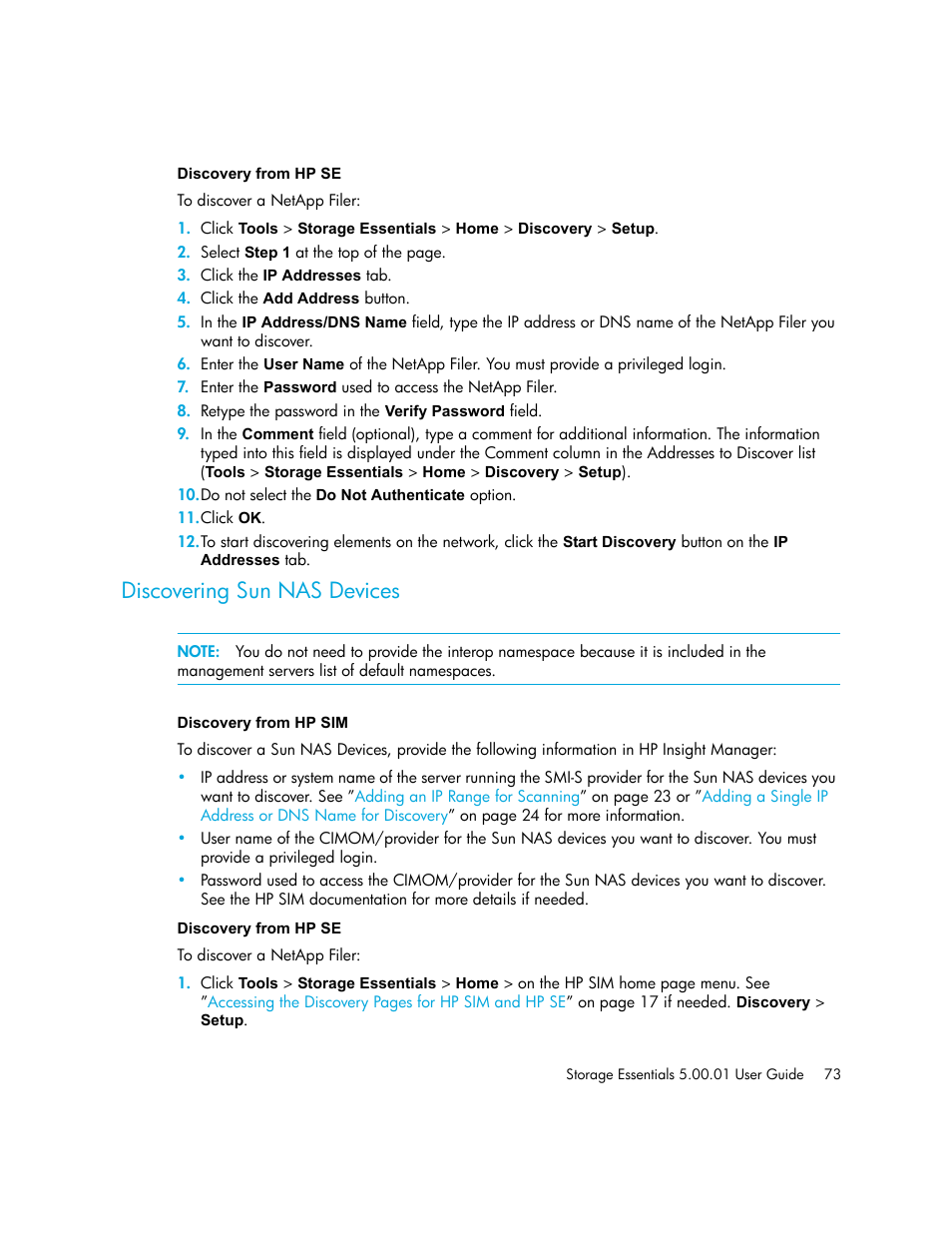 Discovery from hp se, Discovering sun nas devices, Discovery from hp sim discovery from hp se | Discovering sun nas, Devices | HP Storage Essentials NAS Manager Software User Manual | Page 103 / 702