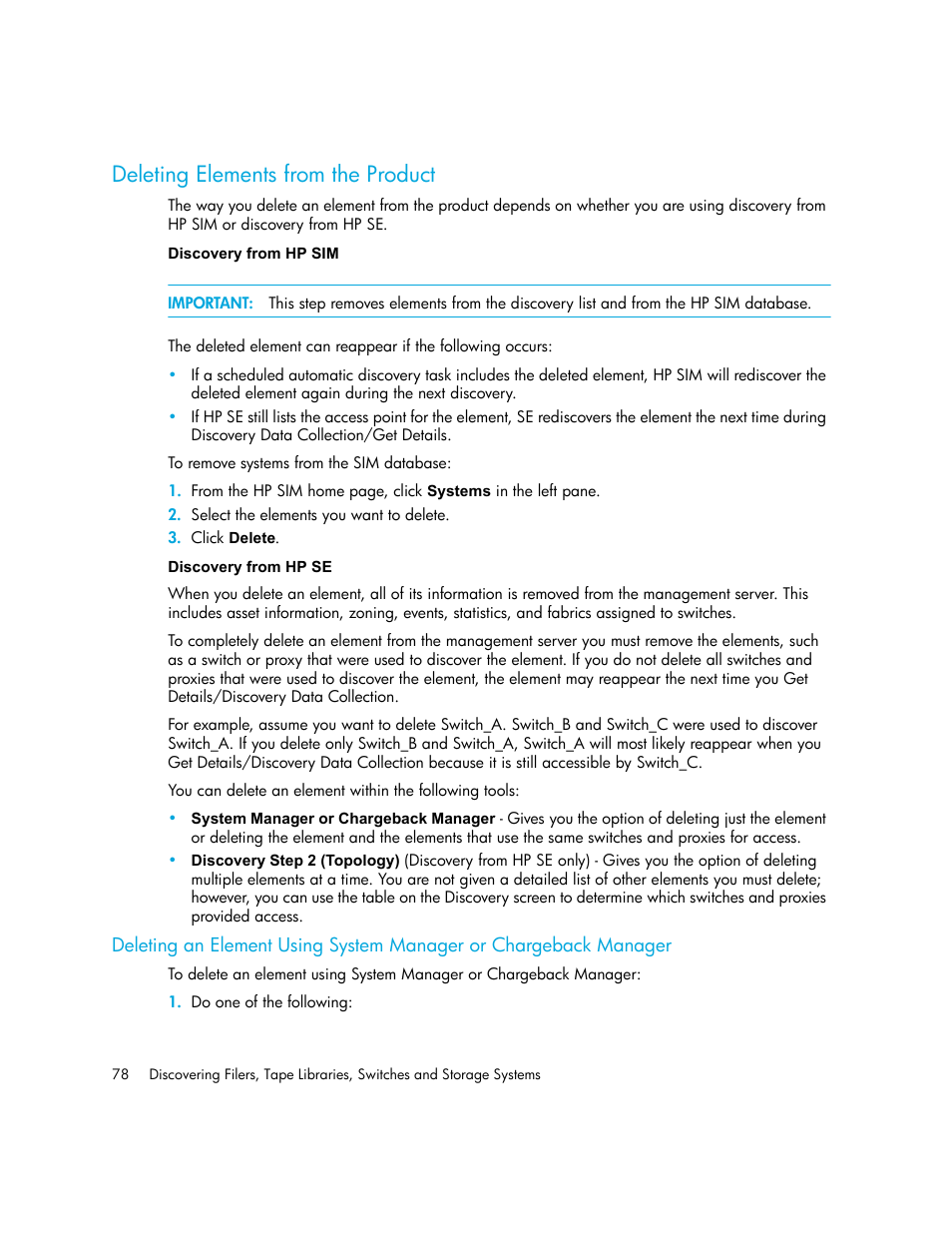 Deleting elements from the product, Discovery from hp sim discovery from hp se, Deleting | Elements from the product | HP Storage Essentials NAS Manager Software User Manual | Page 108 / 702