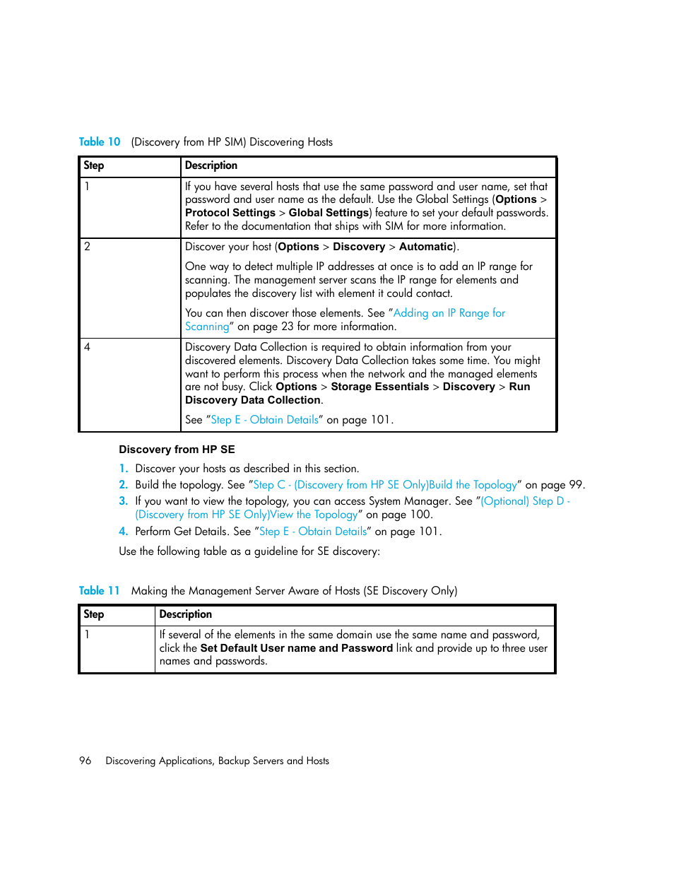 Discovery from hp se, 10 (discovery from hp sim) discovering hosts, Table 11 | Table 10 | HP Storage Essentials NAS Manager Software User Manual | Page 126 / 702