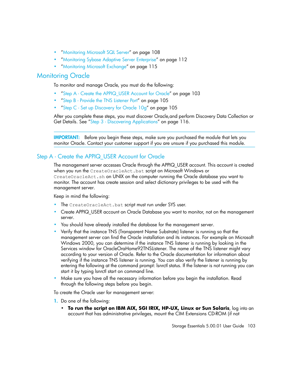 Monitoring oracle, Step a - create the appiq_user account for oracle | HP Storage Essentials NAS Manager Software User Manual | Page 133 / 702