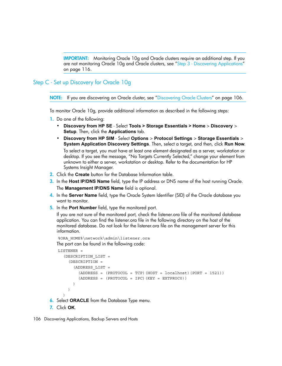 Step c - set up discovery for oracle 10g | HP Storage Essentials NAS Manager Software User Manual | Page 136 / 702