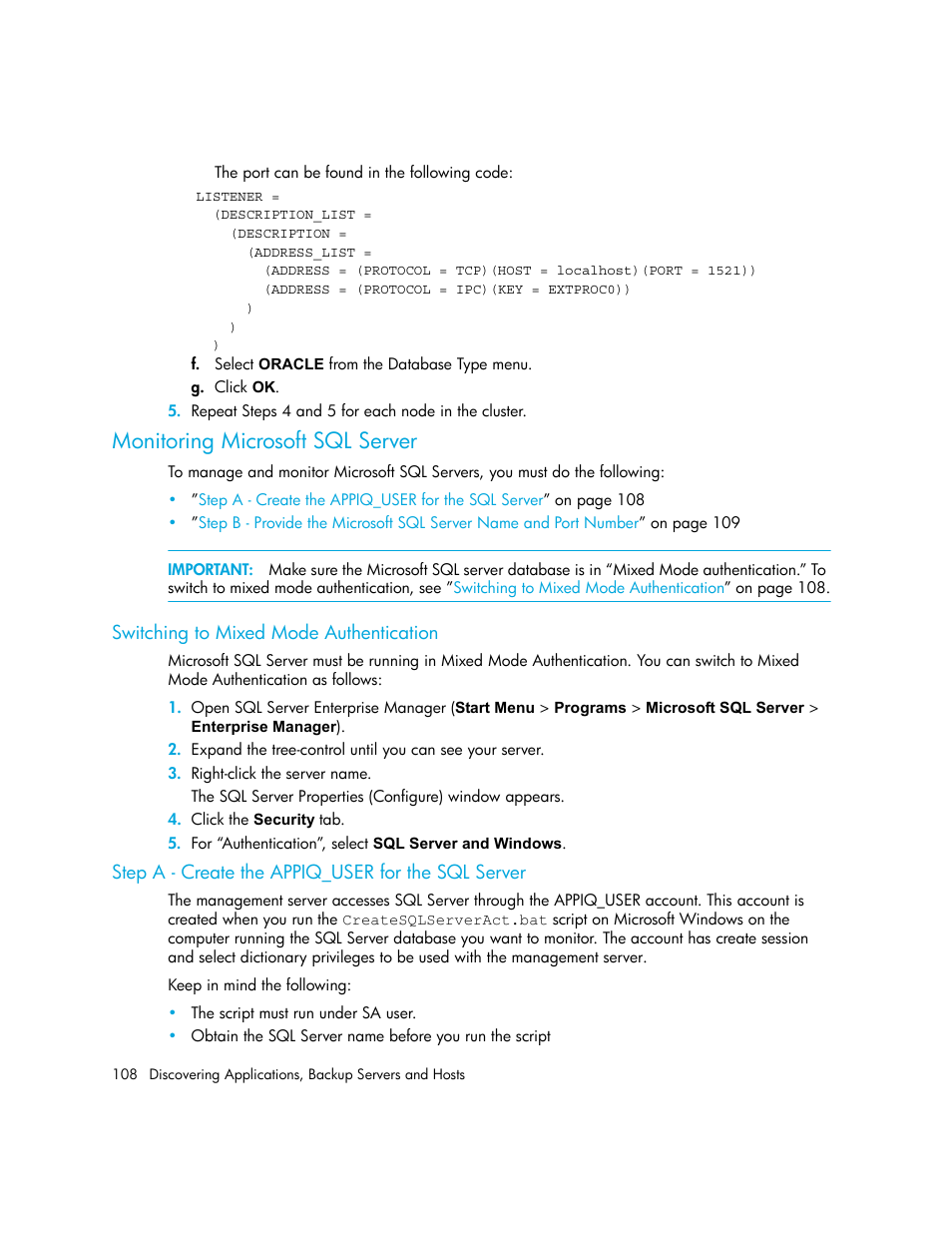 Monitoring microsoft sql server, Switching to mixed mode authentication, Step a - create the appiq_user for the sql server | HP Storage Essentials NAS Manager Software User Manual | Page 138 / 702