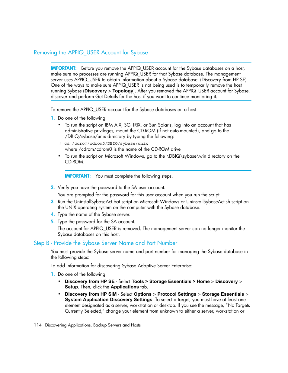 Removing the appiq_user account for sybase | HP Storage Essentials NAS Manager Software User Manual | Page 144 / 702