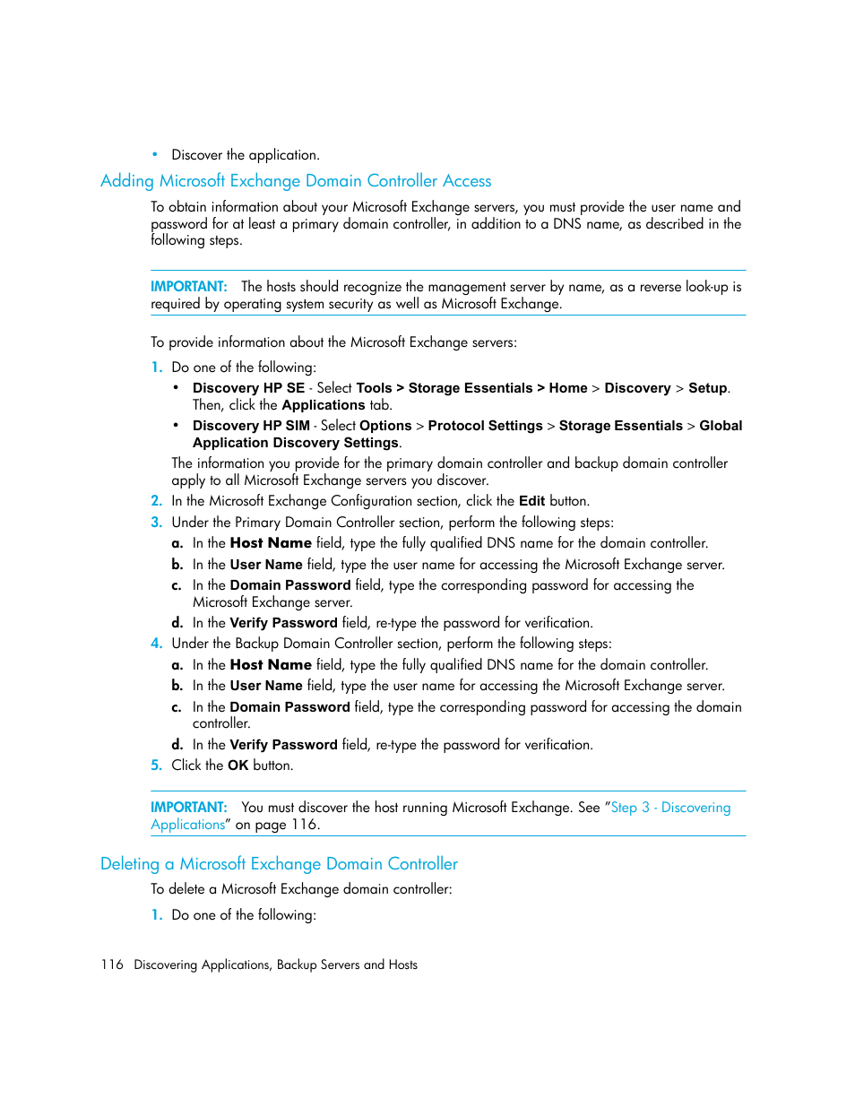 Adding microsoft exchange domain controller access, Deleting a microsoft exchange domain controller | HP Storage Essentials NAS Manager Software User Manual | Page 146 / 702