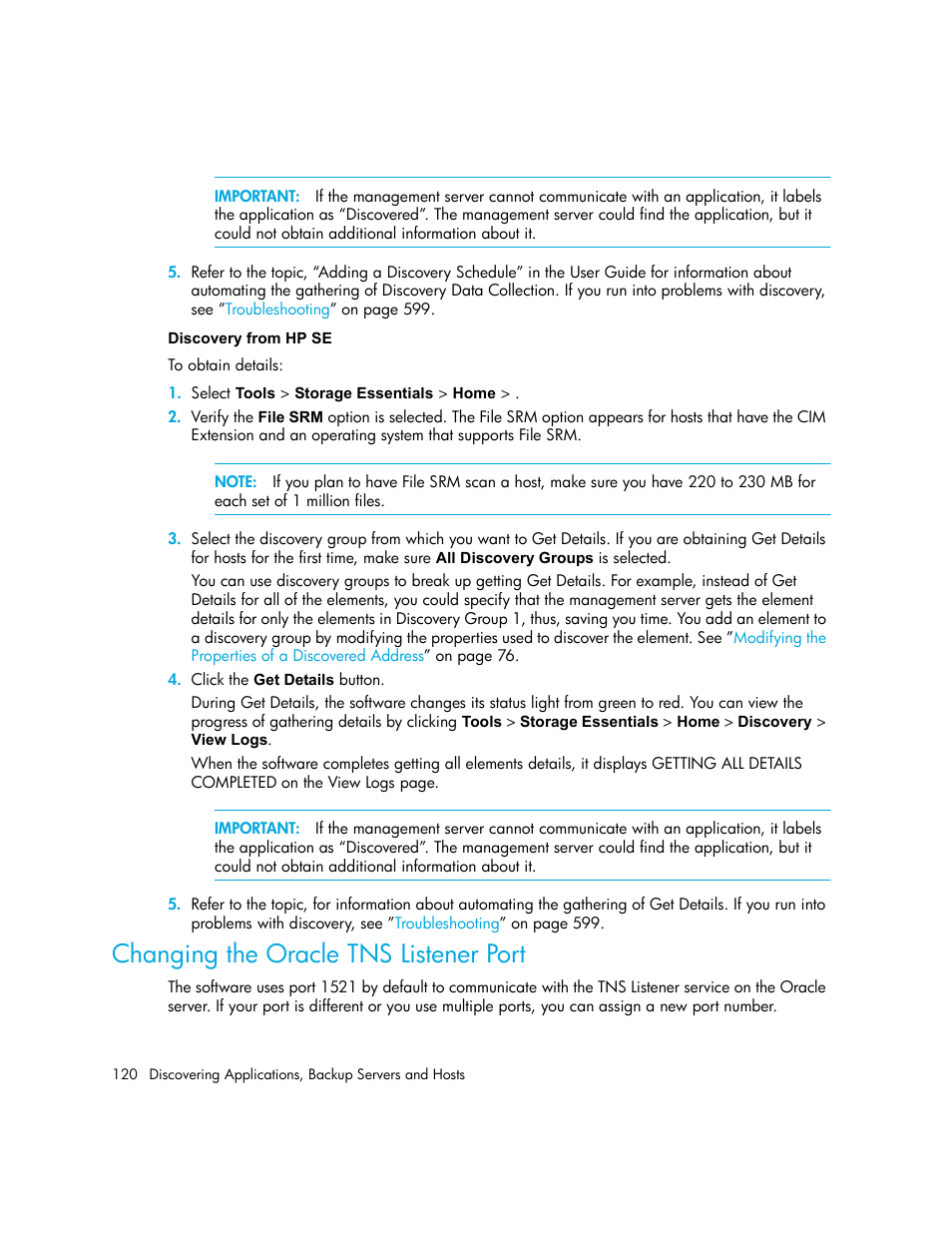 Discovery from hp se, Changing the oracle tns listener port | HP Storage Essentials NAS Manager Software User Manual | Page 150 / 702