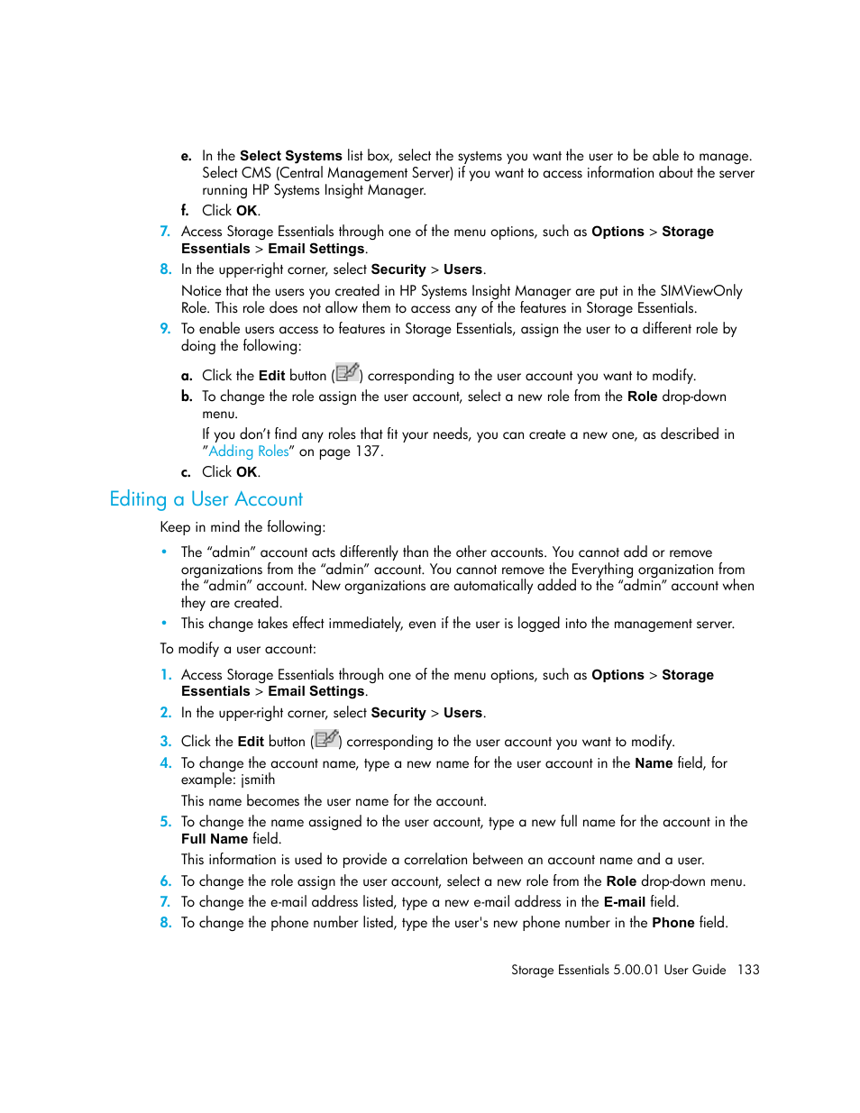 Editing a user account | HP Storage Essentials NAS Manager Software User Manual | Page 163 / 702