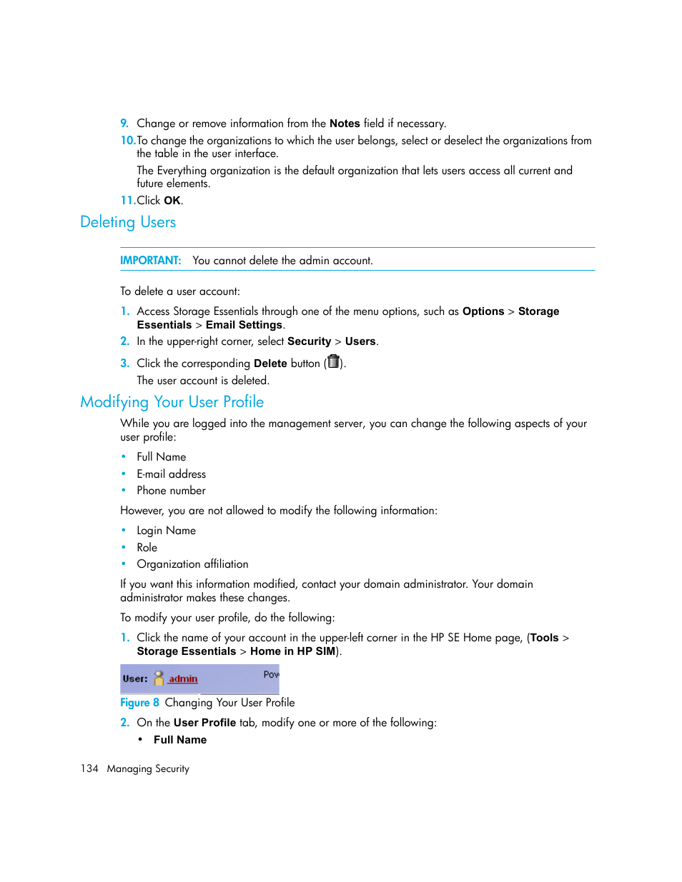 Deleting users, Modifying your user profile, 8 changing your user profile | HP Storage Essentials NAS Manager Software User Manual | Page 164 / 702