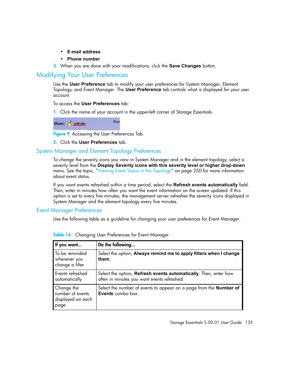 Modifying your user preferences, System manager and element topology preferences, Event manager preferences | 9 accessing the user preferences tab, 14 changing user preferences for event manager | HP Storage Essentials NAS Manager Software User Manual | Page 165 / 702