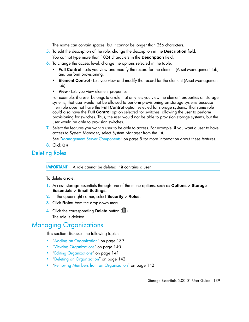Deleting roles, Managing organizations | HP Storage Essentials NAS Manager Software User Manual | Page 169 / 702