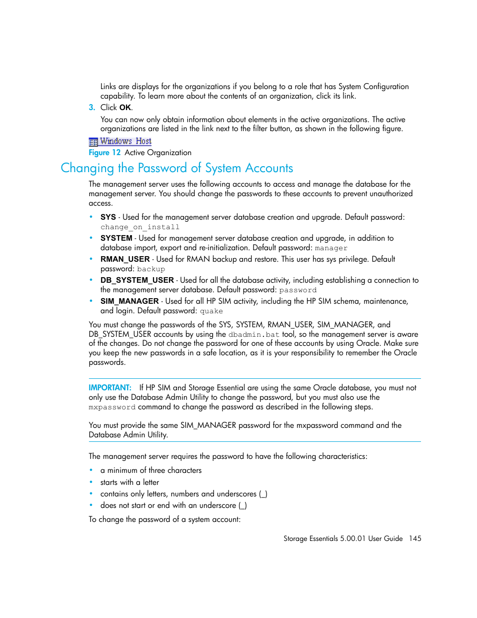 Changing the password of system accounts, 12 active organization | HP Storage Essentials NAS Manager Software User Manual | Page 175 / 702