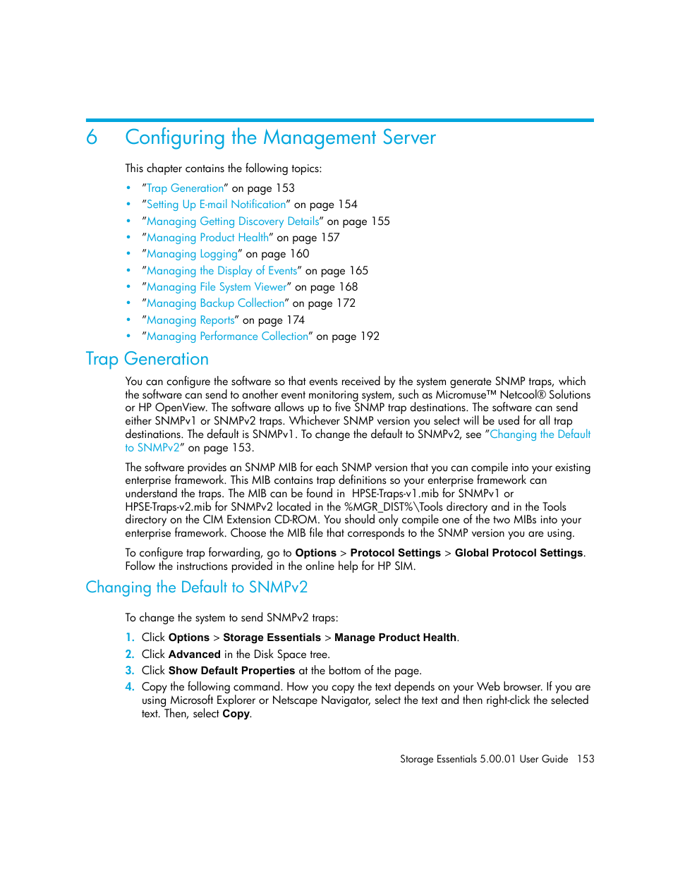 Configuring the management server, 6 configuring the management server, Trap generation | Changing the default to snmpv2, 6configuring the management server | HP Storage Essentials NAS Manager Software User Manual | Page 183 / 702