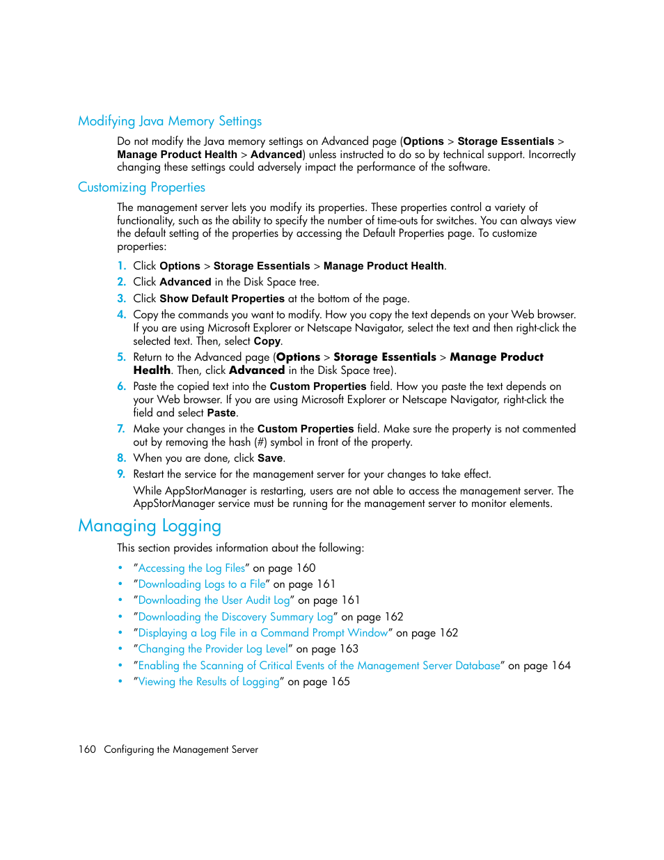 Modifying java memory settings, Customizing properties, Managing logging | HP Storage Essentials NAS Manager Software User Manual | Page 190 / 702