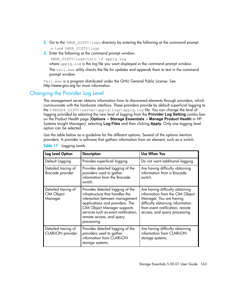 Changing the provider log level, 17 logging levels | HP Storage Essentials NAS Manager Software User Manual | Page 193 / 702