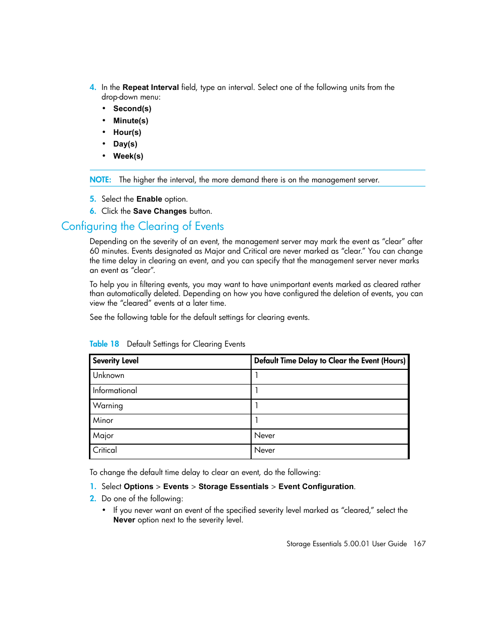 Configuring the clearing of events, 18 default settings for clearing events | HP Storage Essentials NAS Manager Software User Manual | Page 197 / 702