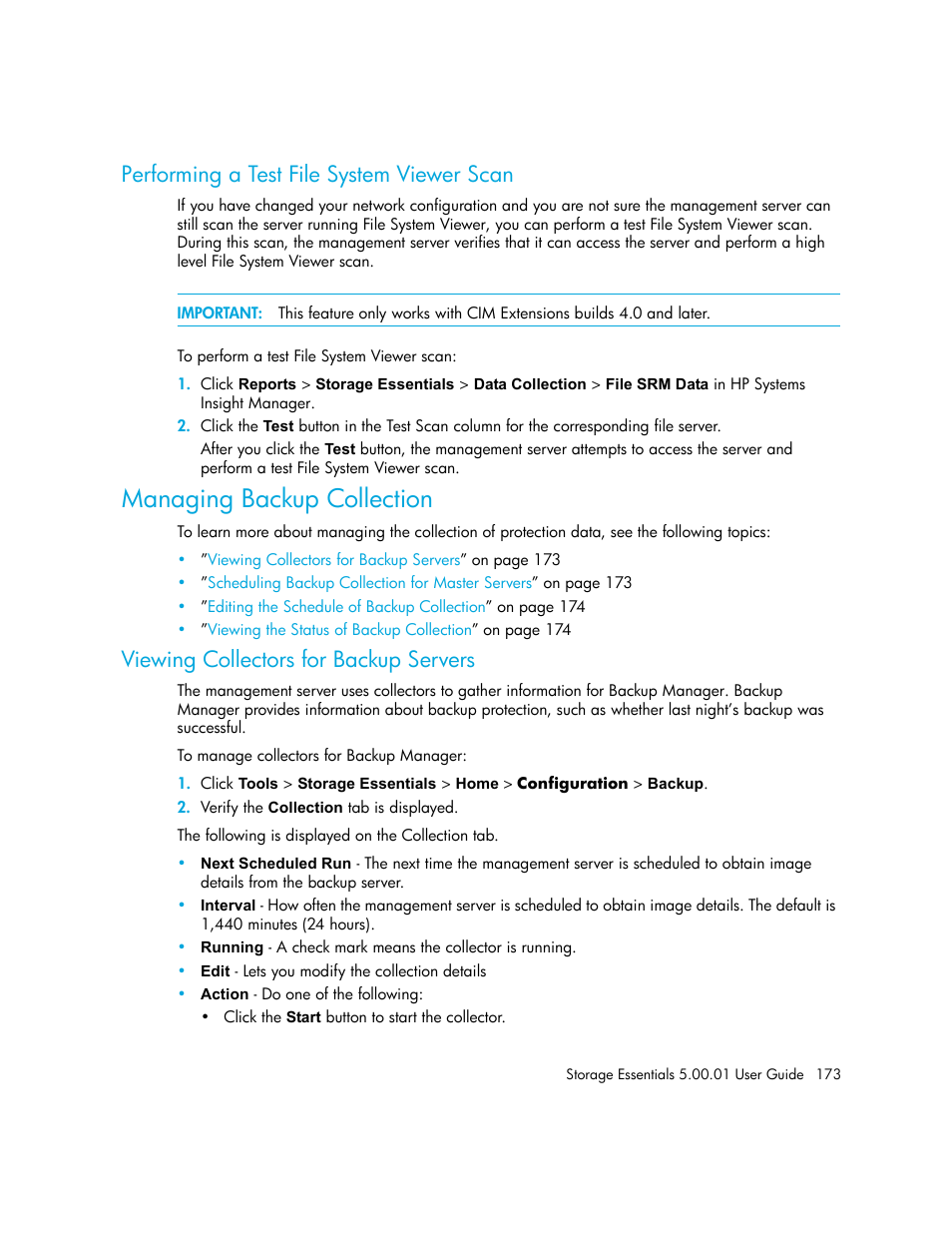 Performing a test file system viewer scan, Managing backup collection, Viewing collectors for backup servers | HP Storage Essentials NAS Manager Software User Manual | Page 203 / 702