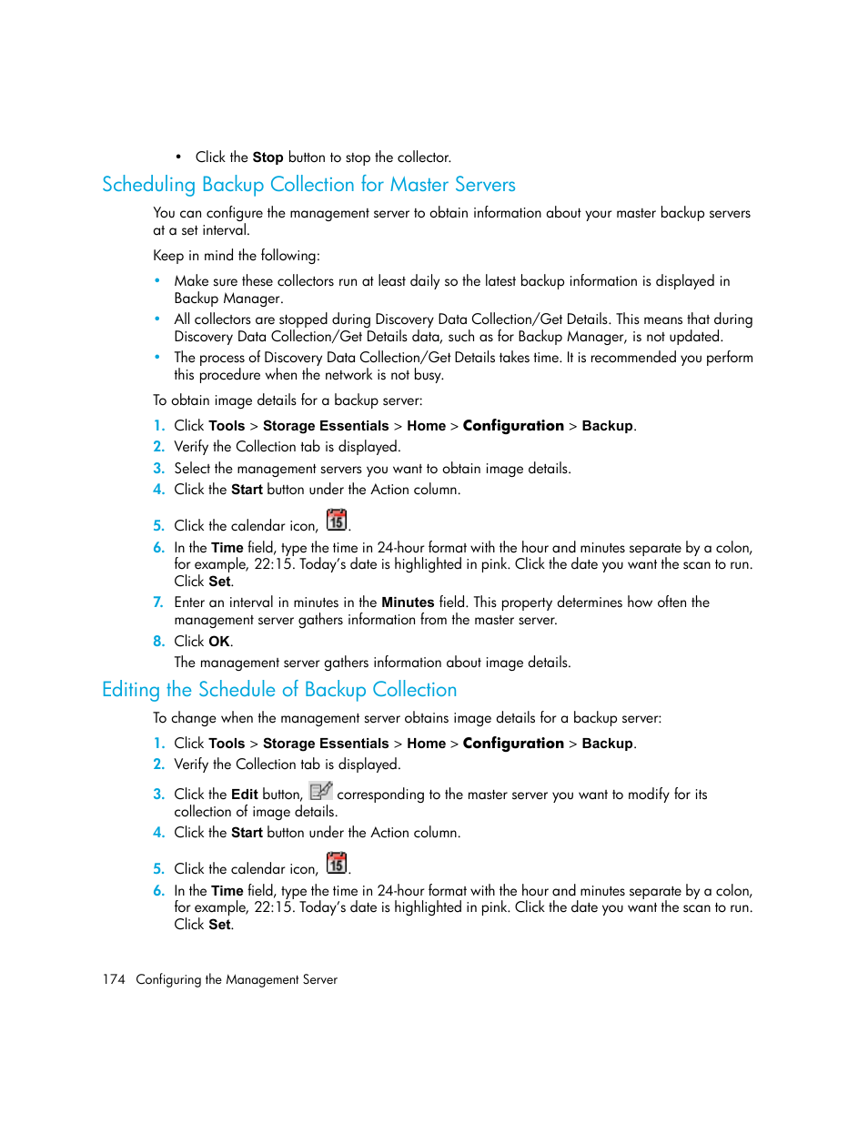 Scheduling backup collection for master servers, Editing the schedule of backup collection | HP Storage Essentials NAS Manager Software User Manual | Page 204 / 702