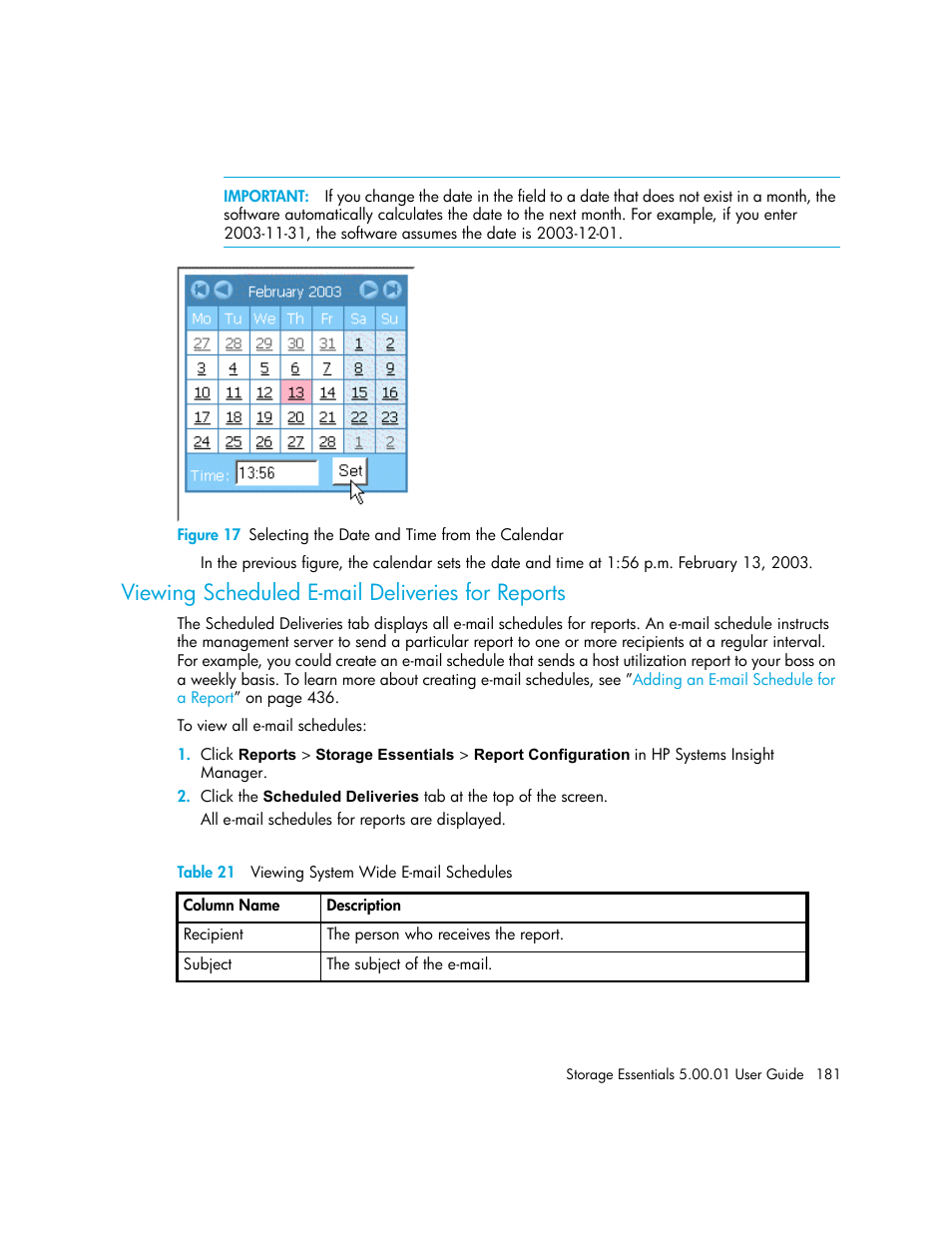 Viewing scheduled e-mail deliveries for reports, 17 selecting the date and time from the calendar, 21 viewing system wide e-mail schedules | HP Storage Essentials NAS Manager Software User Manual | Page 211 / 702