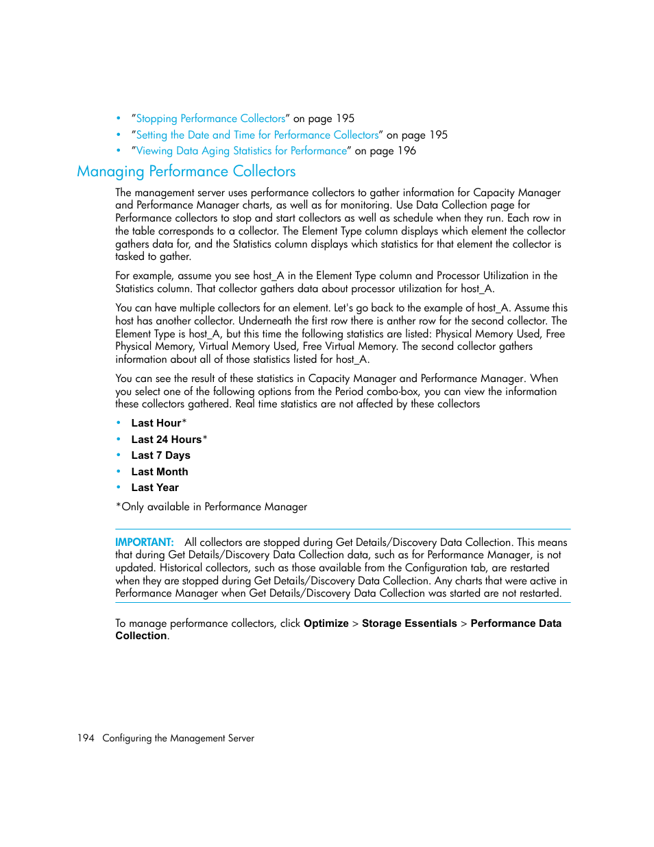 Managing performance collectors | HP Storage Essentials NAS Manager Software User Manual | Page 224 / 702