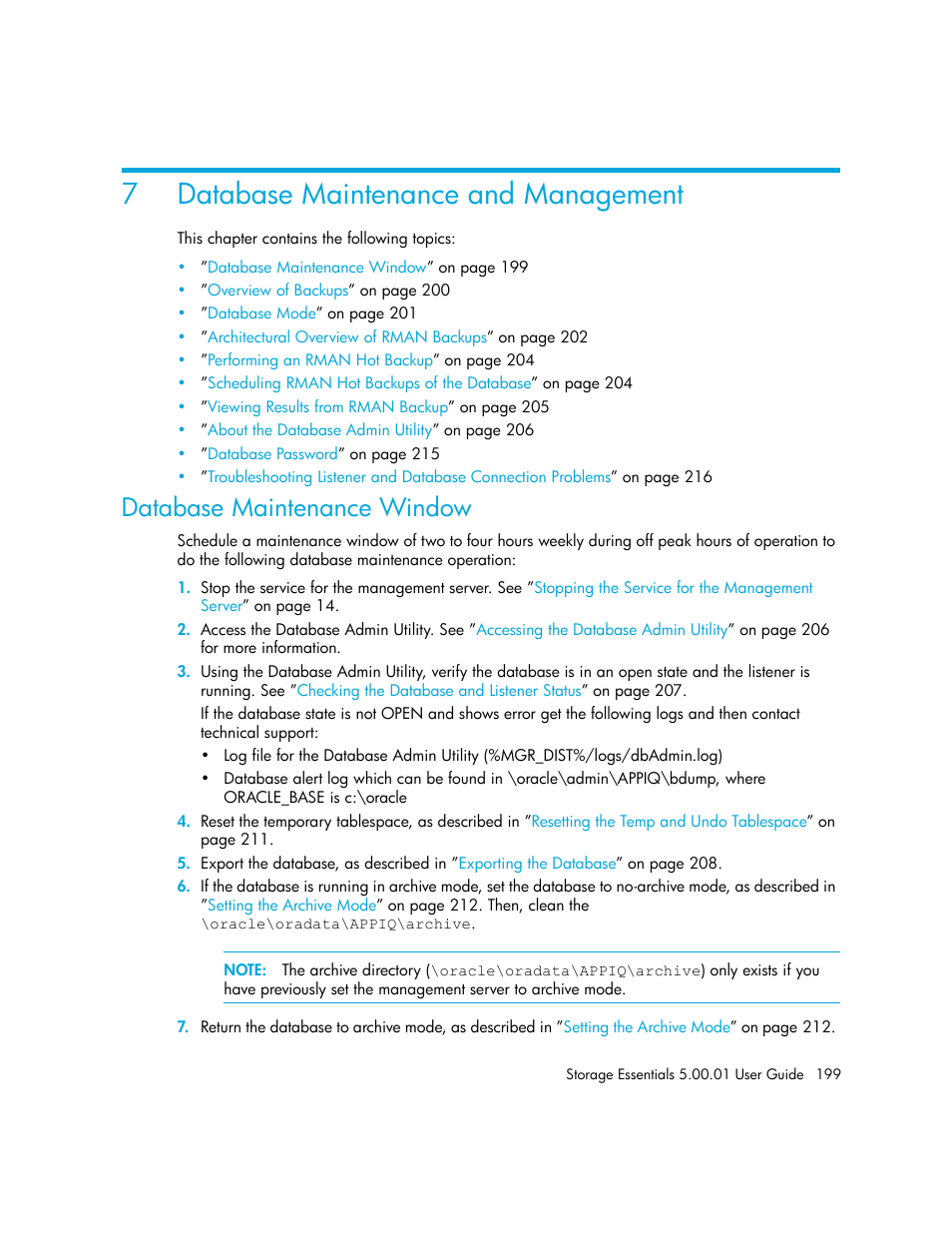 Database maintenance and management, 7 database maintenance and management, Database maintenance window | 7database maintenance and management | HP Storage Essentials NAS Manager Software User Manual | Page 229 / 702