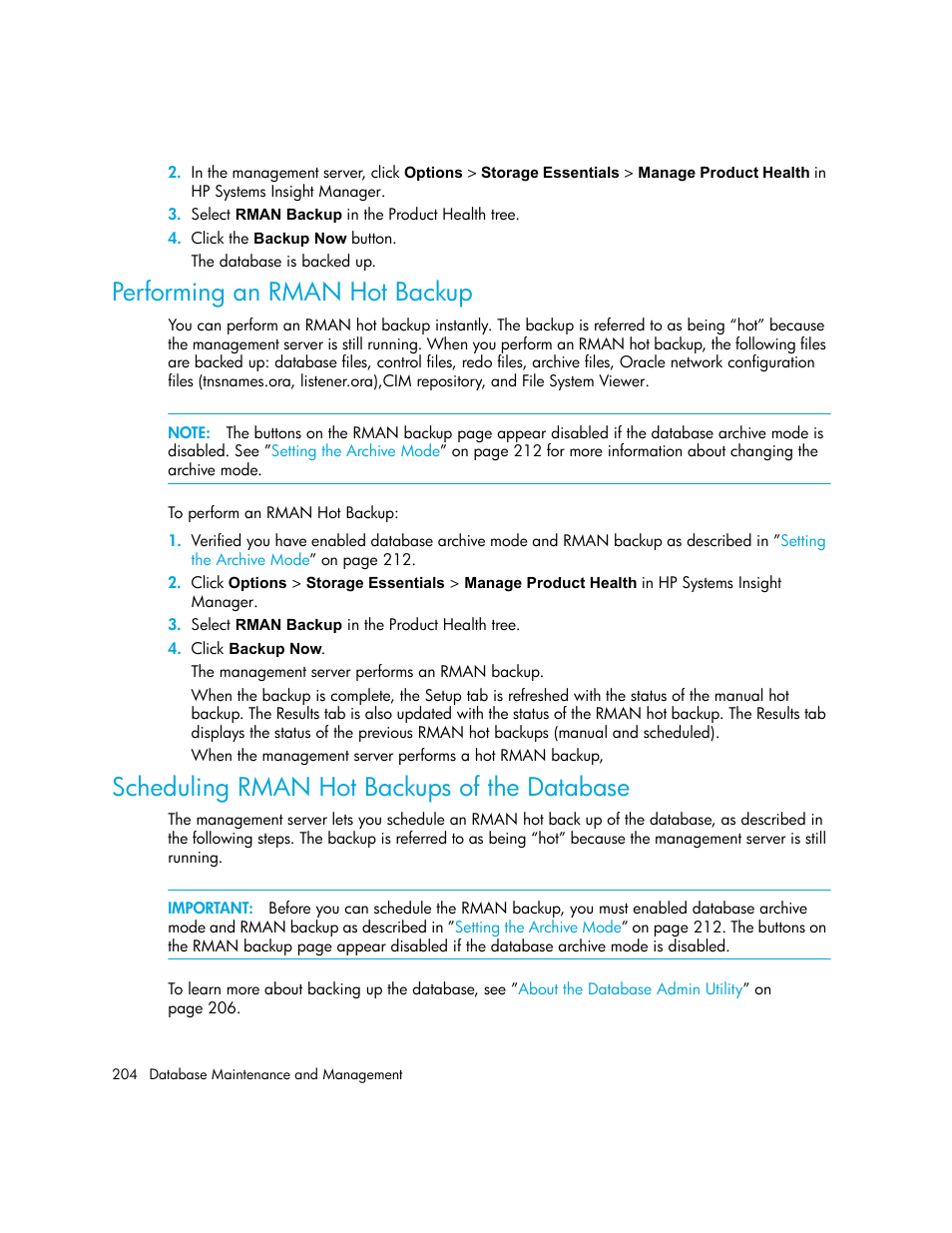 Performing an rman hot backup, Scheduling rman hot backups of the database, Scheduling | Rman hot backups of the database, Rman hot backups of the, Database, D in | HP Storage Essentials NAS Manager Software User Manual | Page 234 / 702