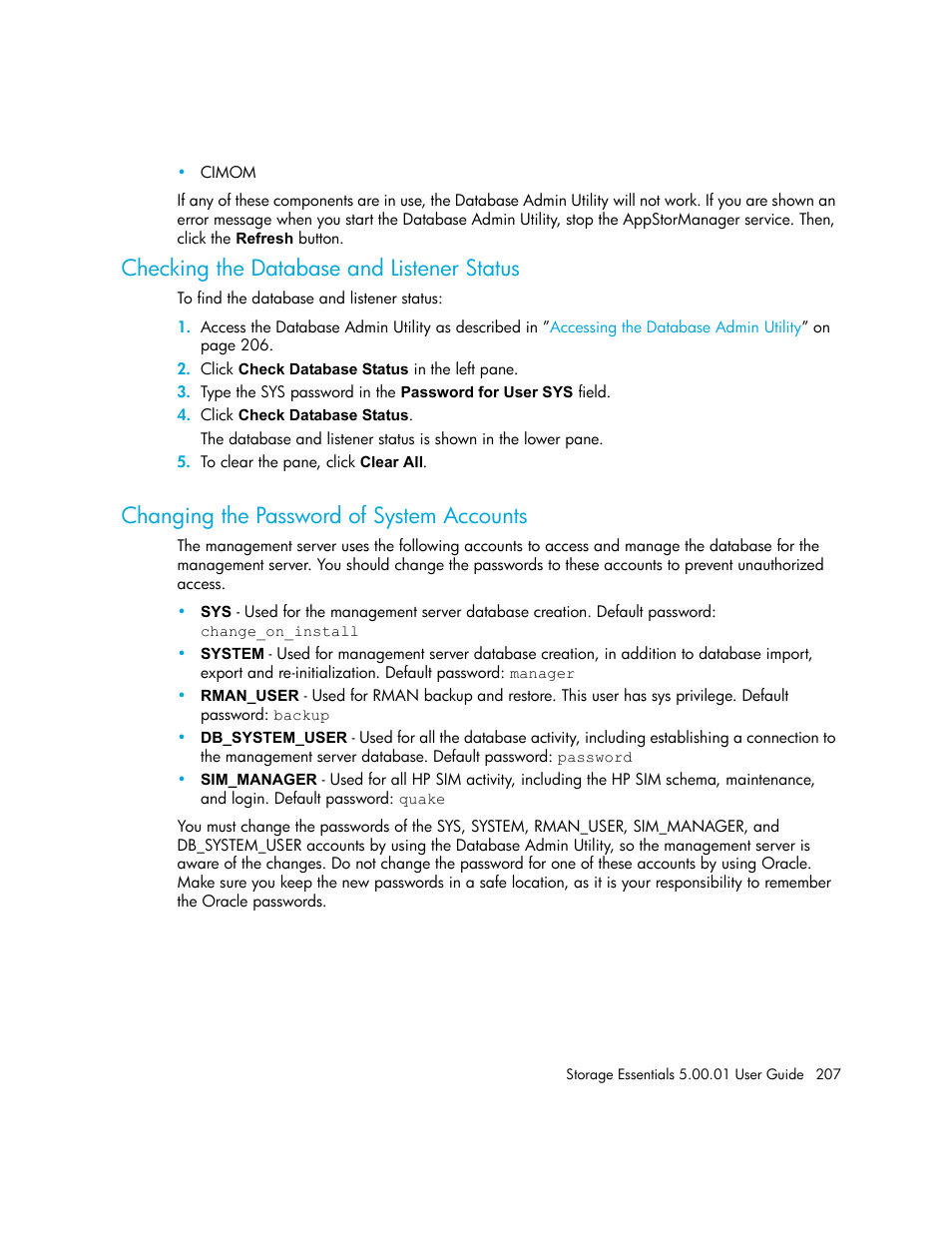 Checking the database and listener status, Changing the password of system accounts | HP Storage Essentials NAS Manager Software User Manual | Page 237 / 702