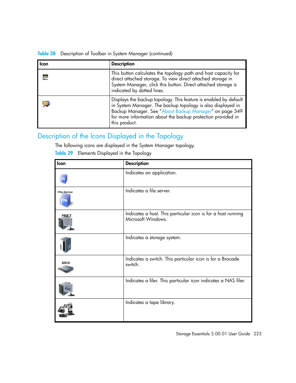 Description of the icons displayed in the topology, 29 elements displayed in the topology | HP Storage Essentials NAS Manager Software User Manual | Page 253 / 702