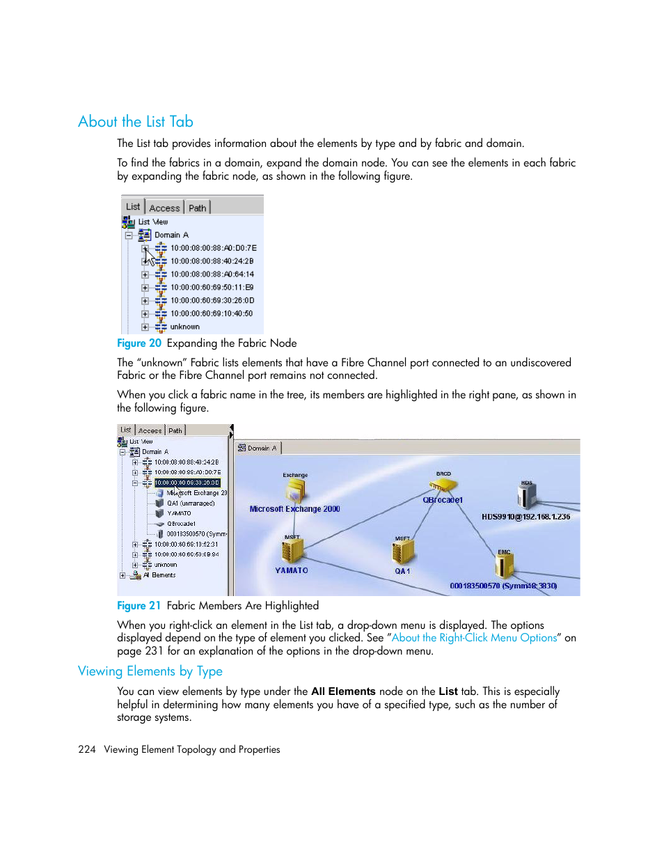 About the list tab, Viewing elements by type, 20 expanding the fabric node | 21 fabric members are highlighted | HP Storage Essentials NAS Manager Software User Manual | Page 254 / 702