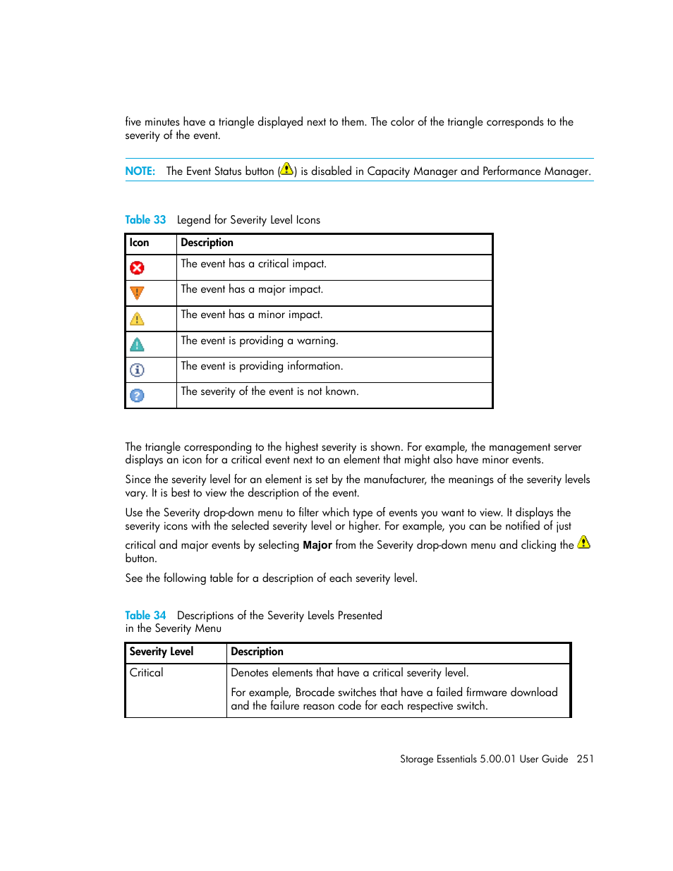 33 legend for severity level icons, 34 descriptions of the severity levels presented, In the severity menu251 | HP Storage Essentials NAS Manager Software User Manual | Page 281 / 702