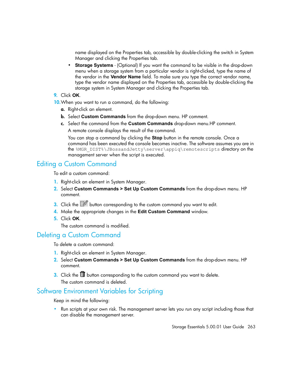 Editing a custom command, Deleting a custom command, Software environment variables for scripting | HP Storage Essentials NAS Manager Software User Manual | Page 293 / 702