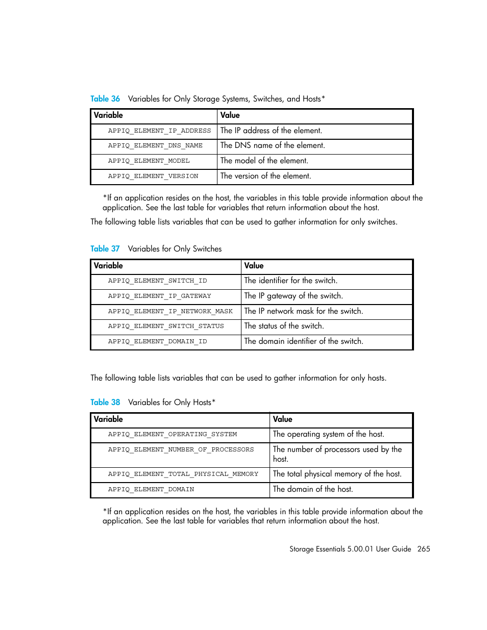 37 variables for only switches, 38 variables for only hosts | HP Storage Essentials NAS Manager Software User Manual | Page 295 / 702