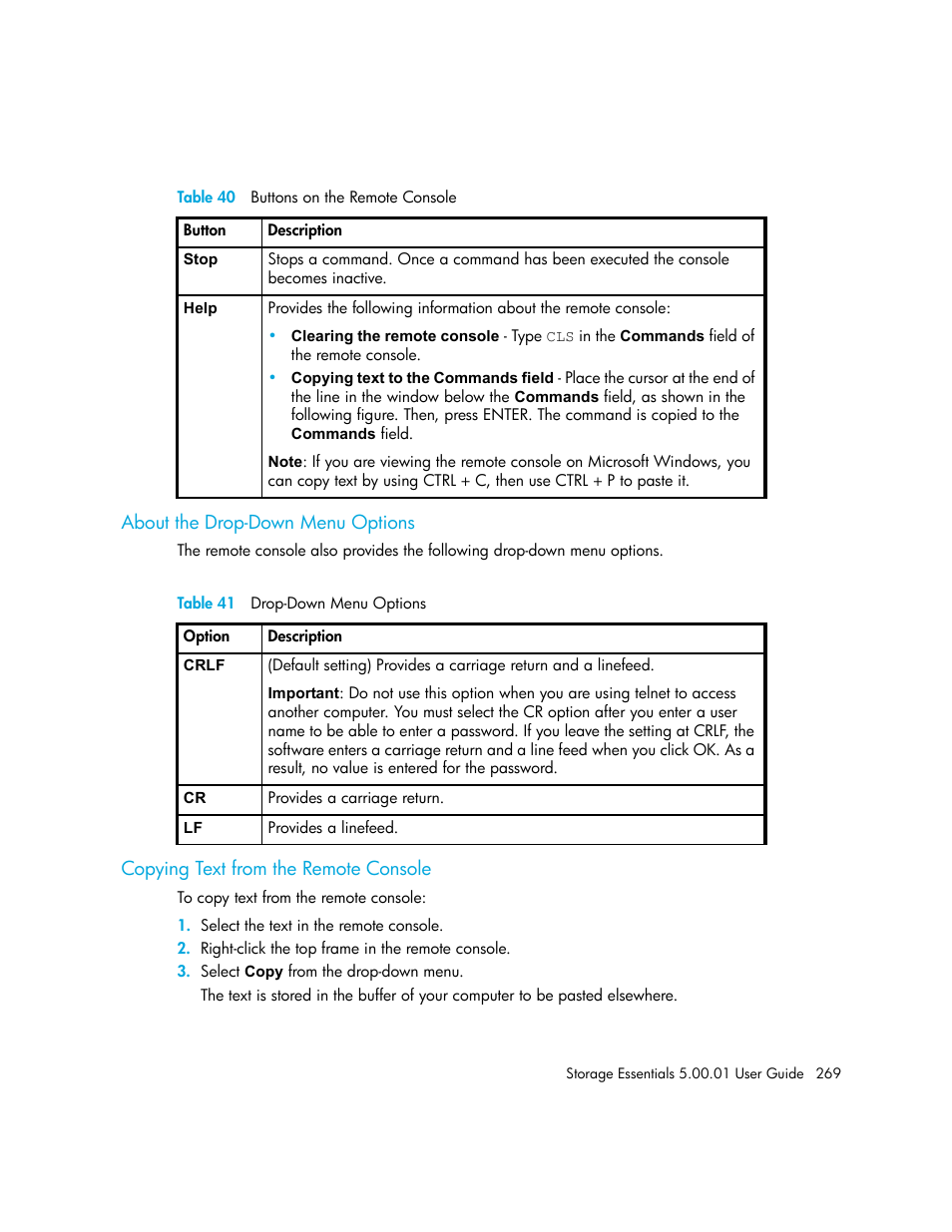 About the drop-down menu options, Copying text from the remote console, 40 buttons on the remote console | 41 drop-down menu options | HP Storage Essentials NAS Manager Software User Manual | Page 299 / 702